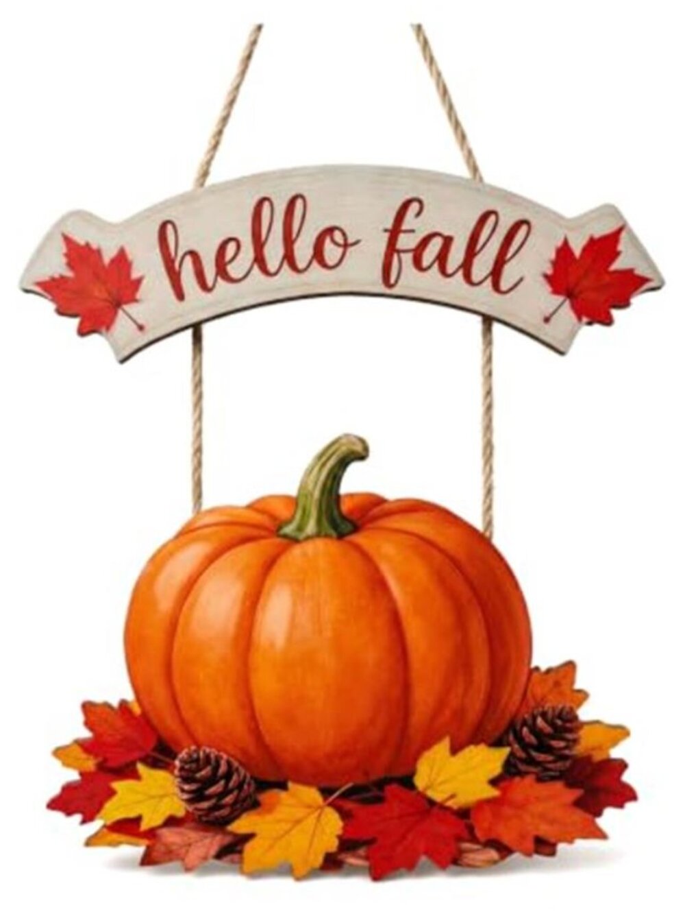 Hello Fall Pumpkin Door Sign Wooden Fall Hanging Decor with Maple Leaves